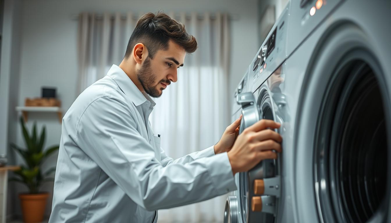 فريق فني متخصص من شركة تصليح غسالات الامارات يقوم بفحص غسالة
