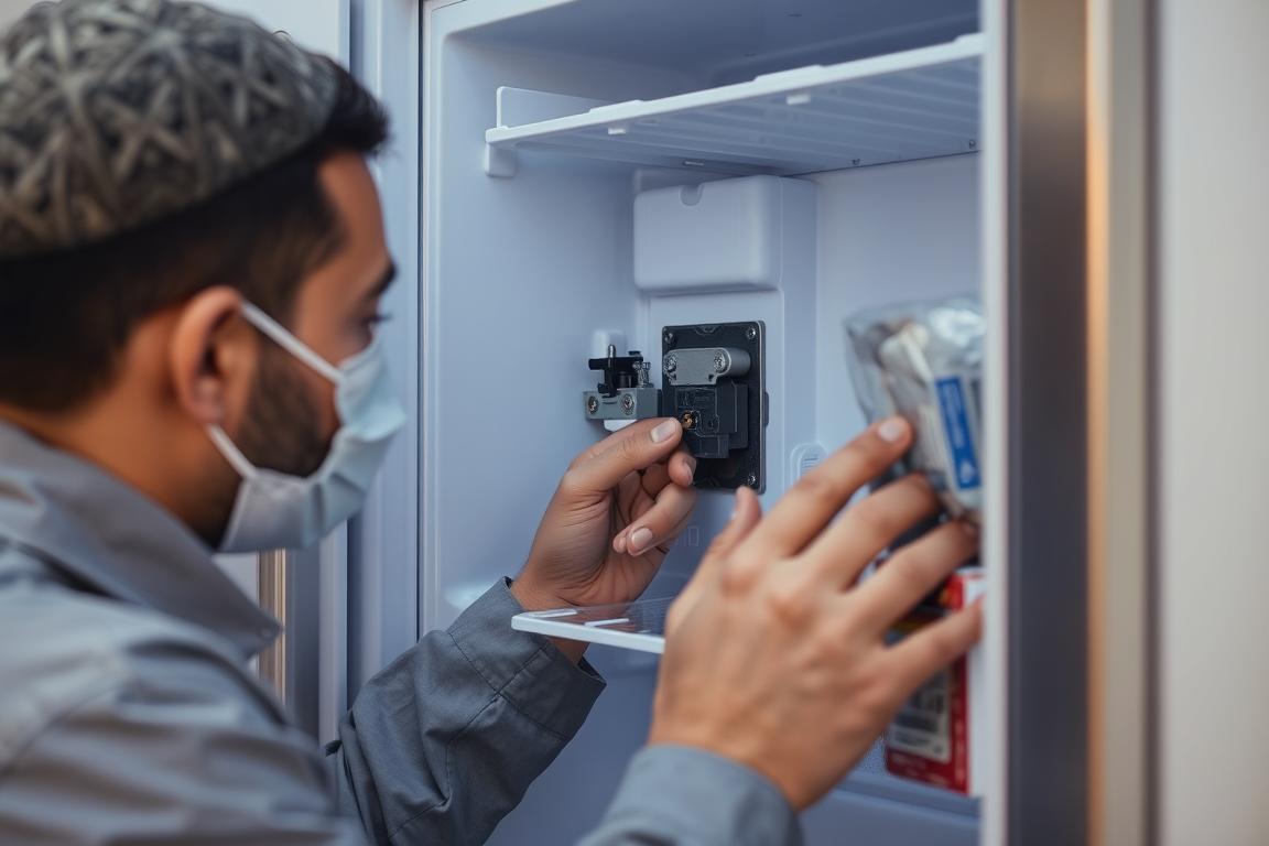 فني يقوم بتركيب قطع غيار أصلية لثلاجة في الرياض