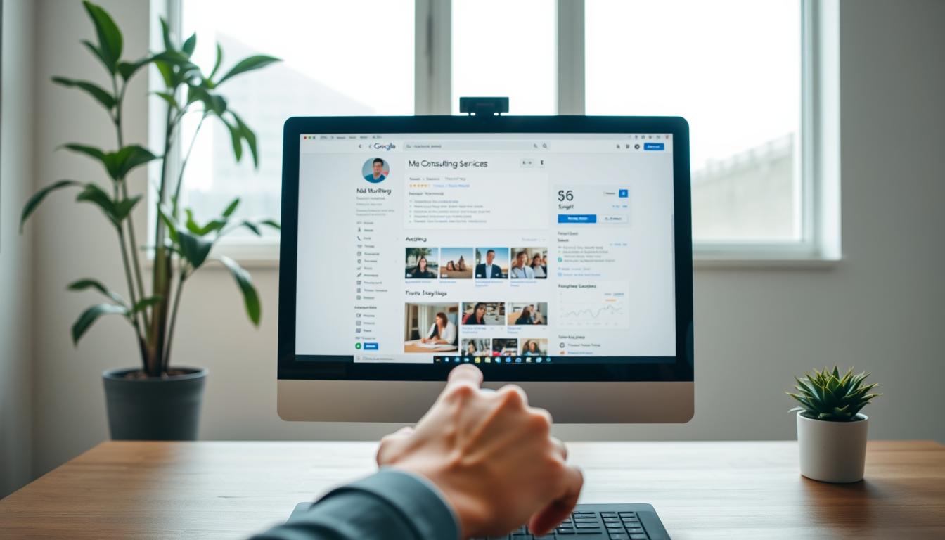 A professional and visually appealing image of &amp;quot;Google Business Profile Optimization&amp;quot; for the article section &amp;quot;Optimizing Your Google Business Profile&amp;quot;: A well-lit, high-resolution image showcasing a desktop computer screen displaying a detailed Google Business Profile for &amp;quot;Ma Consulting Services&amp;quot;. The screen shows a clean, organized layout with various optimization elements, such as business information, reviews, images, and analytics. In the foreground, a hand hovers over the mouse, indicating user interaction. The background features a modern, minimalist office setting with a potted plant and natural lighting filtering through the windows, creating a calming and professional atmosphere. The overall composition emphasizes the importance of optimizing the Google Business Profile for effective local SEO and improved online visibility.