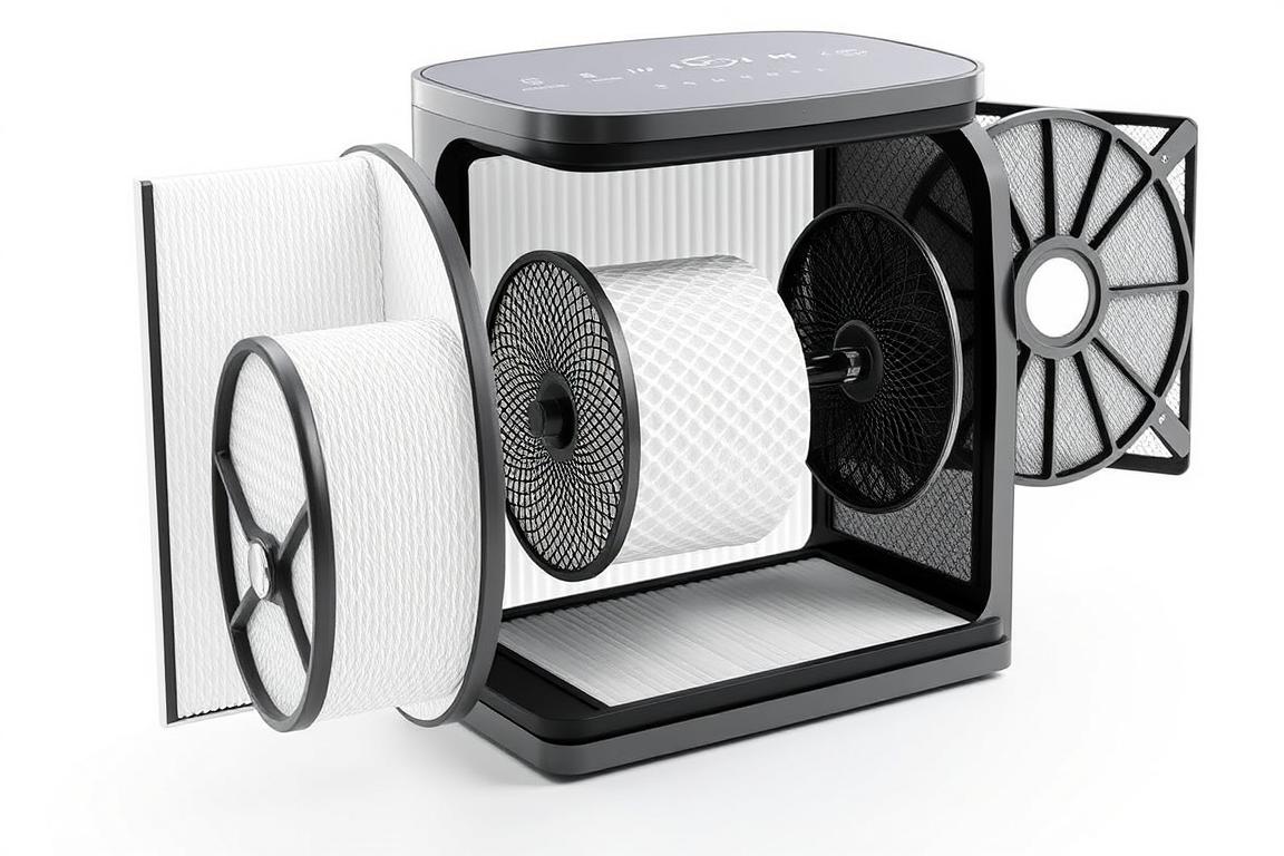 Hathaspace HSP003 Air Purifier filter system disassembled showing HEPA and carbon filters