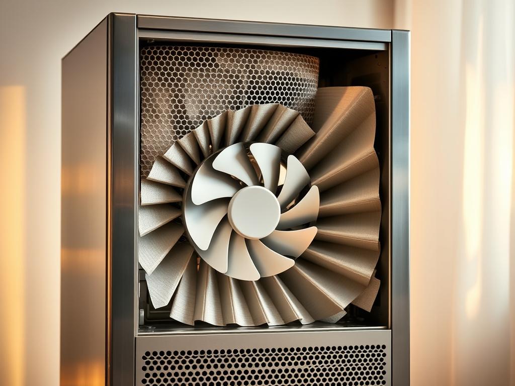 Costco Air Purifier Buying Guide: Expert Recommendations 16 An intricate HEPA (High-Efficiency Particulate Air) filtration system, its sleek metal casing reflecting the soft, warm lighting of the room. The system's powerful fan is visible through the perforated front panel, gently drawing in air and trapping even the smallest airborne particles. The interior is a maze of complex filters and air ducts, efficiently purifying the atmosphere. The overall design is modern and functional, with clean lines and a minimalist aesthetic that would seamlessly integrate into a Costco air purifier. The image conveys the system's advanced capabilities and attention to detail, highlighting the key features a consumer should look for when purchasing a high-quality air purifier from Costco.