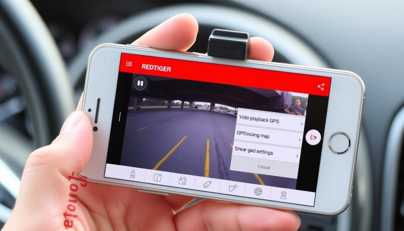 REDTIGER smartphone app interface showing dash cam controls and GPS tracking