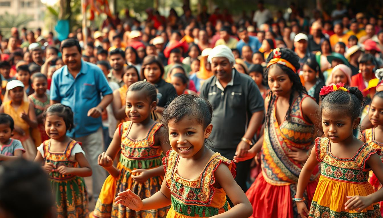 A vibrant scene of a Boi-Bumbá festival, capturing its social impact. In the foreground, a group of children from a local community engage in traditional dance, their colorful costumes and lively movements conveying a sense of joy and cultural pride. In the middle ground, community leaders and organizers coordinate the event, their expressions reflecting a deep commitment to preserving and sharing this cherished tradition. The background is filled with a bustling crowd, a tapestry of diverse faces and ages, all united in the celebration of Boi-Bumbá's enduring legacy and its positive influence on the local community. Warm, diffused lighting sets a celebratory mood, while a wide-angle lens captures the energy and inclusivity of this social project.