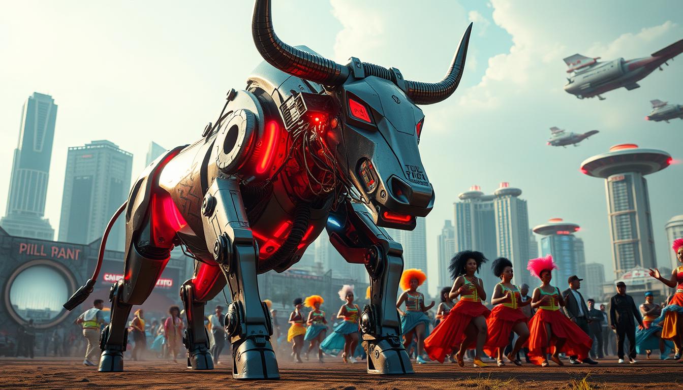 A vibrant, futuristic scene of the traditional Boi-Bumbá festival. In the foreground, a towering, sleek mechanical bull-like figure strides forward, its metallic body gleaming under neon-tinged lighting. Intricate gears and circuits adorn its frame, hinting at innovative technology. In the middle ground, a troupe of performers in vibrant, otherworldly costumes dance energetically, their movements enhanced by glowing, holographic elements. The background depicts a cityscape of gleaming skyscrapers and hovering transport, blending the ancient and the modern. An atmosphere of excitement, progress, and cultural preservation pervades the image, capturing the spirit of "Boi-Bumbá: Futuro e Inovação".