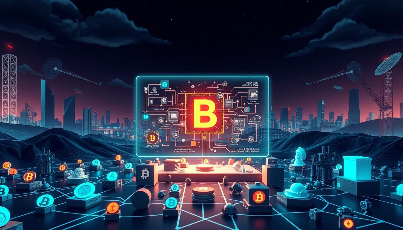 A detailed illustration of the core blockchain technology. A sleek, futuristic landscape with a central holographic display depicting a blockchain network structure - nodes, blocks, transactions, and cryptographic hashes. The foreground shows a variety of digital cryptocurrency icons, each with a unique design. The middle ground features simplified 3D models of blockchain components like distributed ledgers, peer-to-peer networks, and consensus mechanisms. The background showcases a cityscape of skyscrapers, data centers, and satellite dishes, all glowing with a cool, neon-infused palette. Cinematic lighting casts dramatic shadows, emphasizing the technological depth and complexity of the blockchain ecosystem. The overall composition evokes a sense of innovation, interconnectivity, and the transformative potential of this revolutionary decentralized technology.