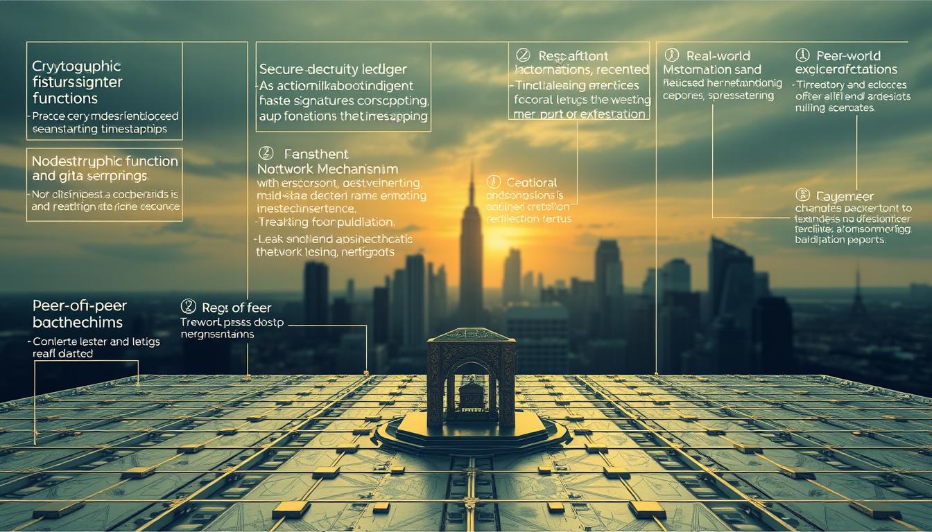 A detailed technical diagram showcasing the key security features of blockchain technology. In the foreground, a secure distributed ledger with cryptographic hash functions, digital signatures, and timestamping. In the middle ground, node verification, consensus mechanisms, and peer-to-peer network architecture. In the background, a cityscape representing real-world blockchain applications, with a serene, authoritative tone. Rendered in a technical, engineering-focused style with muted colors and high contrast, emphasizing the robustness and reliability of blockchain security.