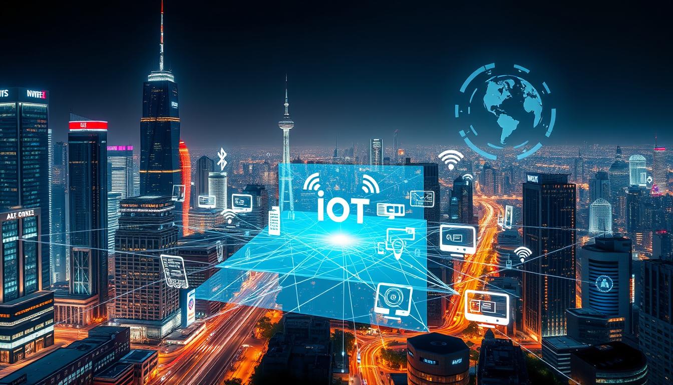 A futuristic cityscape with towering skyscrapers and neon-lit streets. In the foreground, a collage of various IoT devices seamlessly connected through wireless communication protocols, including Wi-Fi, Bluetooth, ZigBee, and LoRaWAN. The devices, such as smart home appliances, wearables, and industrial sensors, are intricately linked, forming a complex web of data exchange. The middle ground depicts a holographic interface, showcasing real-time monitoring and control of the IoT network. In the background, a vast, data-driven landscape with glowing data streams and visualization, representing the power of integrated analytics and cloud-based management. The scene conveys a sense of technological advancement, connectivity, and the transformative potential of the Internet of Things.