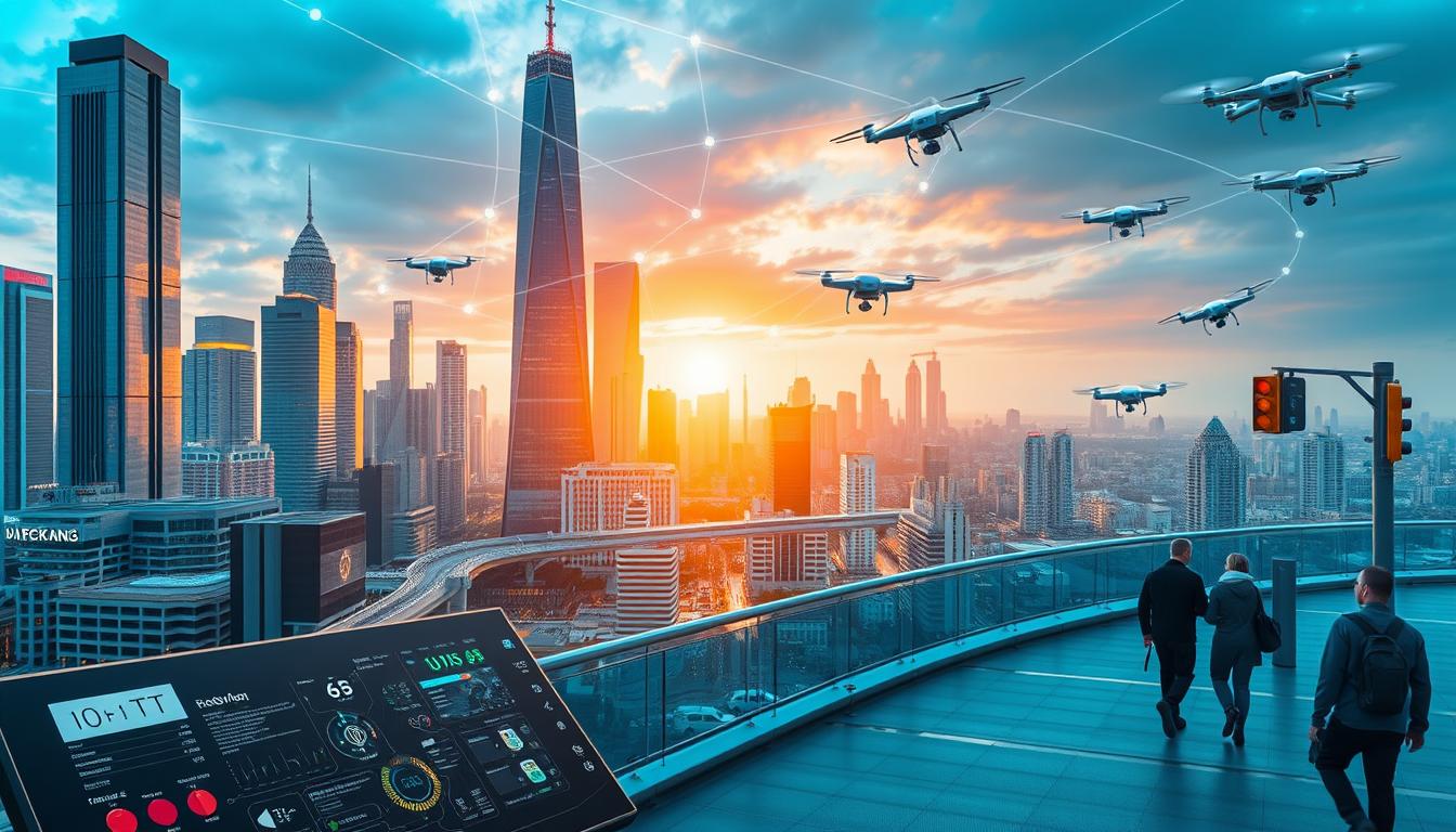 A bustling cityscape, towering skyscrapers and transportation hubs connected by a web of digital signals. In the foreground, a sleek IoT control panel with various sensors and interfaces, showcasing the integrated technology that powers this smart city. The mid-ground features pedestrians interacting with IoT-enabled infrastructure, such as traffic lights, parking meters, and building management systems. In the background, a panoramic view of the city bathed in a warm, futuristic glow, with drones and autonomous vehicles seamlessly navigating the urban landscape. The scene conveys the seamless integration of IoT technologies, transforming how we work, live, and access healthcare in the modern, interconnected world.
