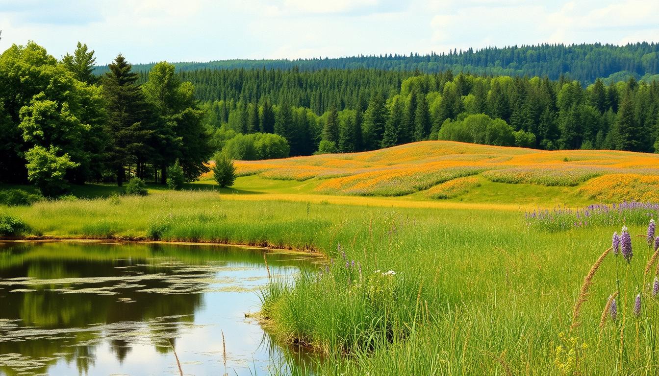 A picturesque landscape of the Kampinoski National Park in the year 1959. In the foreground, a tranquil pond reflects the surrounding lush foliage and towering trees. In the middle ground, rolling hills covered in vibrant wildflowers and tall grasses create a serene pastoral scene. The background features a distant line of dense, verdant forests, bathed in the warm, golden light of a late summer afternoon. The scene conveys a sense of timeless natural beauty, inviting the viewer to immerse themselves in the rich history and cultural heritage of this unique protected area.