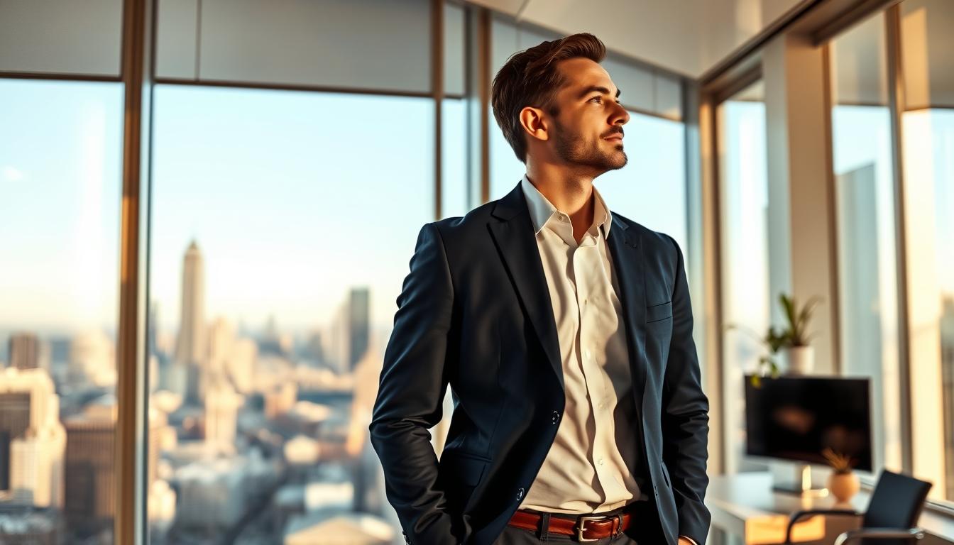 A businessman standing in a well-lit office, dressed in a sharp, navy blue suit and a crisp, white dress shirt. He is gazing out a large window, overlooking the bustling cityscape below. The room is adorned with modern, minimalist decor, creating a professional and efficient atmosphere. Warm, directional lighting casts subtle shadows, accentuating the man's confident posture and determined expression. In the background, the skyline is dominated by towering skyscrapers, symbolizing the success and power of the business world. The scene conveys a sense of ambition, productivity, and the daily hustle of an entrepreneur on November 13th, the Day of the Businessman.