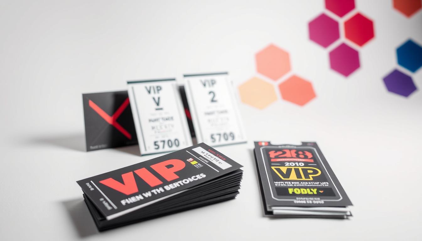 Bilety, pakiety i bonusy: a sleek, modern collection of event tickets and VIP packages displayed on a crisp, white background. The tickets feature clean, bold typography and vibrant colors that instantly grab attention. In the foreground, a stack of rectangular passes with perforated edges, each adorned with a unique graphic design. In the middle, a trio of folded VIP passes, their textured surfaces catching the light. In the background, a subtle pattern of hexagonal shapes in complementary hues, hinting at the excitement and exclusivity of the event. The overall scene conveys a sense of elegance, attention to detail, and the anticipation of a memorable experience.