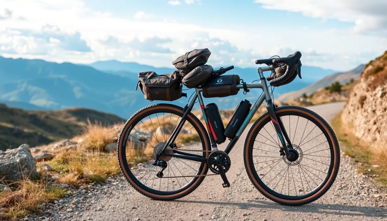 Rower gravelowy z sakwami bikepackingowymi na malowniczej trasie