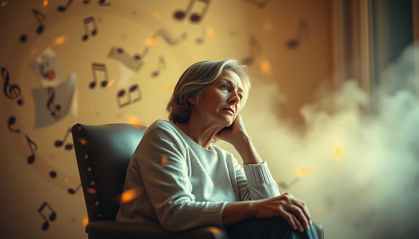 A captivating scene depicting the profound influence of music on human memory. A middle-aged woman sits contemplatively, surrounded by swirling musical notes and memories. Soft, warm lighting illuminates her pensive expression as she is lost in recollection, her mind transported to cherished moments of the past. The background is hazy and dreamlike, representing the ephemeral nature of memory, while the foreground is sharply focused, emphasizing the intensity of the woman's introspection. The overall atmosphere conveys a sense of nostalgia, introspection, and the profound impact that music can have on our emotional experiences and the way we remember them.