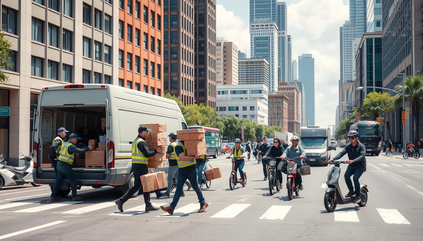 A bustling city street on a sunny day, with the focus on a group of couriers and delivery workers diligently transporting packages of all shapes and sizes. In the foreground, a team of couriers loading a large van, their uniforms emblazoned with the logos of major shipping companies. In the middle ground, pedestrians weave through the flow of traffic, as cyclists and electric scooters zip by. In the background, towering office buildings and warehouses, reflecting the growing importance of the logistics and transportation industry. The scene is filled with a sense of energy and purpose, capturing the essential role that couriers and carriers play in our daily lives.