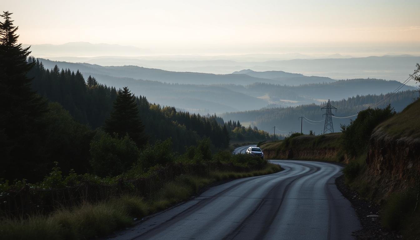 A scenic route winding through lush forests, rolling hills, and tranquil countryside. In the foreground, a narrow road with well-defined tire tracks, inviting adventurous drivers. In the middle ground, dense vegetation, with sunlight filtering through the canopy, casting a warm, golden glow. In the background, a distant horizon dotted with the silhouettes of towering mountains, their peaks reaching skyward. The atmosphere is serene and peaceful, with a sense of adventure and exploration, perfectly capturing the essence of the &quot;Zapisy trasy&quot; section of the rally event.