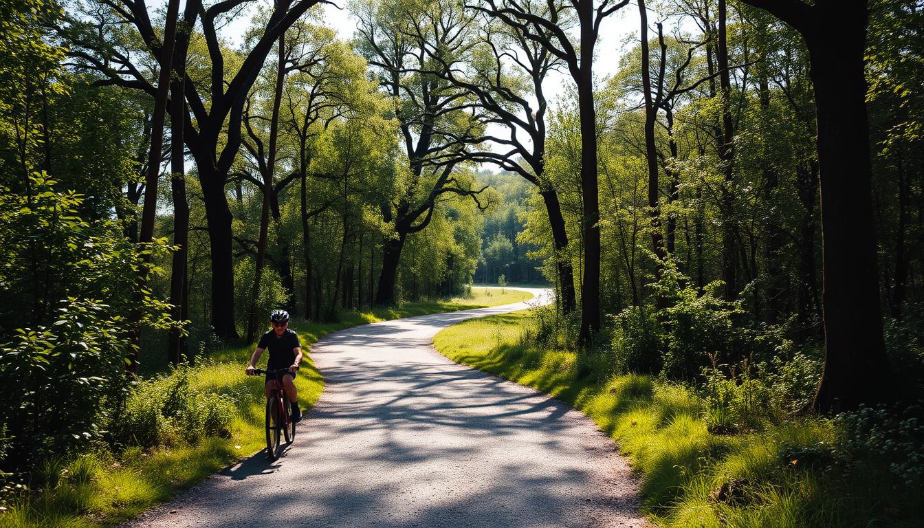 A winding gravel path winds through a verdant forest, sunlight filtering gently through the canopy above. Towering oak and birch trees line the &quot;czarny szlak rowerowy&quot;, their branches casting dappled shadows on the trail. In the foreground, a lone cyclist navigates the meandering path, their bicycle tires kicking up a faint cloud of dust. The air is crisp and cool, hinting at the changing seasons. A sense of tranquility and adventure permeates the scene, inviting the viewer to explore this peaceful natural retreat.