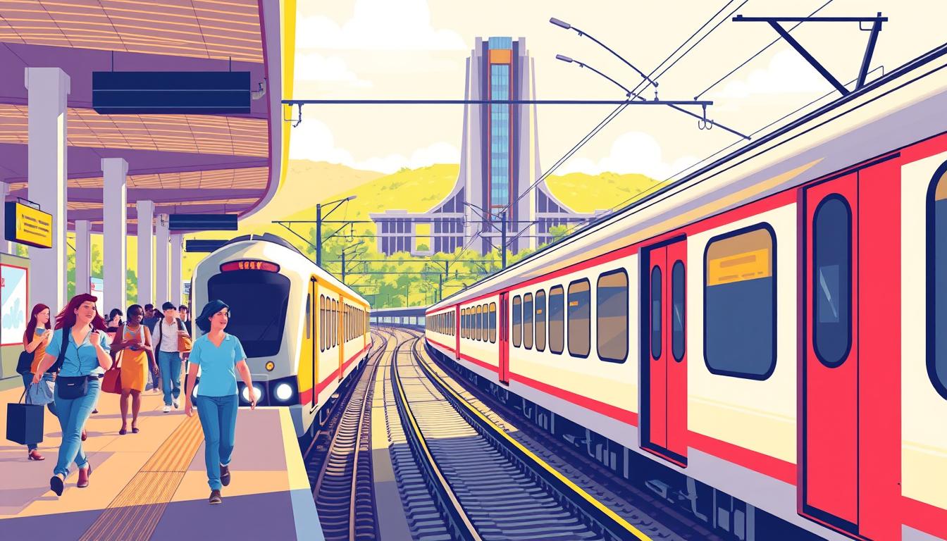 A vibrant illustration of free train rides for all, showcasing a bustling train station with a modern, sleek design. The foreground features a train pulling into the platform, its sleek metallic exterior gleaming under the warm, natural lighting. Passengers hurry along the platform, their expressions a mix of excitement and convenience as they board the train. In the middle ground, the station's architecture stands tall, with clean lines and large windows allowing natural light to flood the interior. The background depicts a lush, verdant landscape, hinting at the scenic journey awaiting passengers. The overall atmosphere conveys a sense of accessibility, sustainability, and the joy of public transportation on a car-free day.