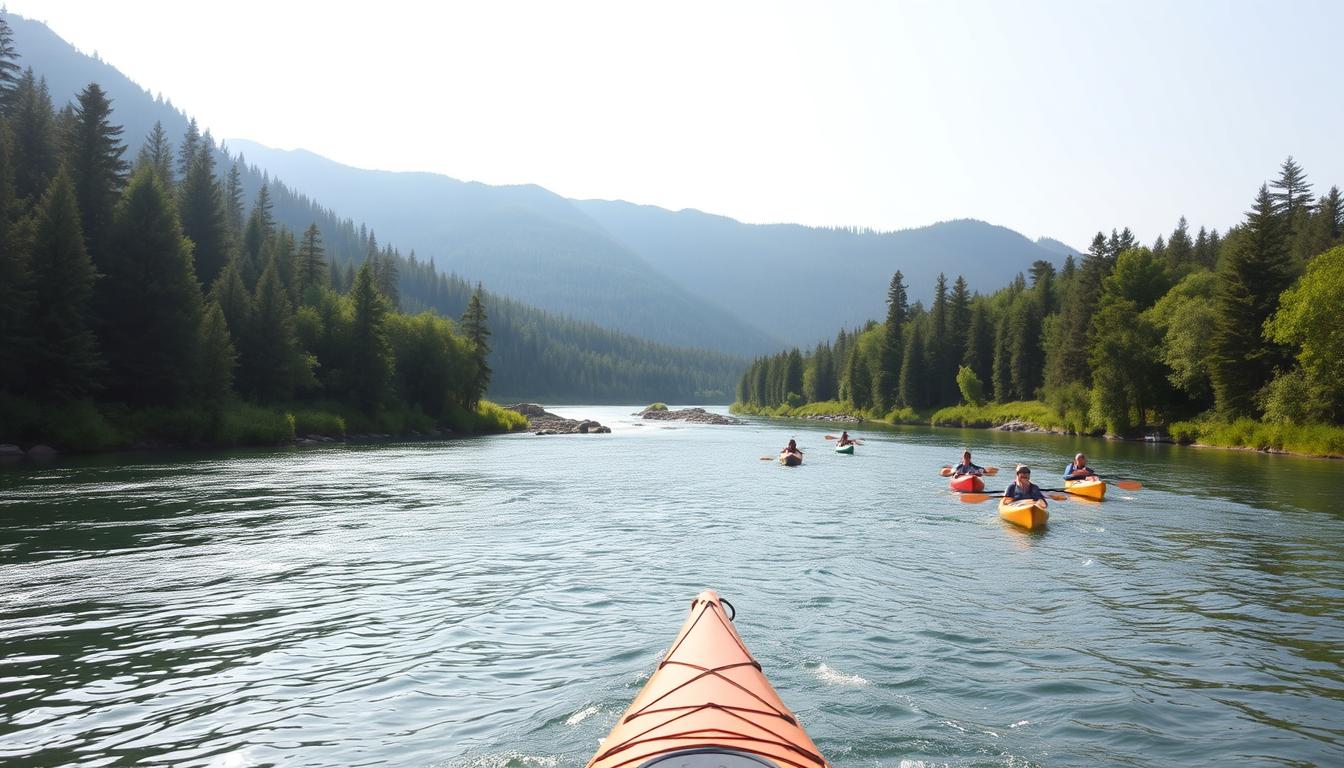 A serene river winding through lush, verdant forests, its calm waters inviting kayakers to explore. In the foreground, a group of kayaks glide effortlessly, their vibrant colors contrasting against the natural landscape. The middle ground reveals a series of gentle rapids, challenging but navigable for adventurous paddlers. In the distance, towering pine-clad hills rise, casting soft shadows across the scene. The lighting is soft and diffuse, creating a tranquil, contemplative atmosphere. A wide-angle lens captures the expansive, panoramic view, drawing the viewer into this idyllic kayaking oasis.
