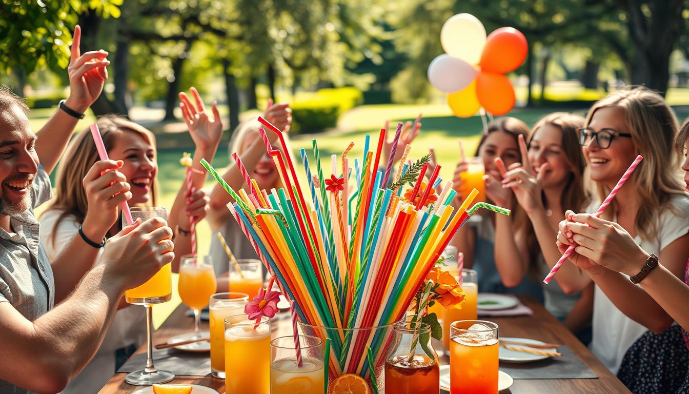 A vibrant celebration of "Dzień Słomki Piccia" featuring a table adorned with colorful, festive straws in various shapes and sizes, surrounded by refreshing beverages like lemonade and fruit juices. In the foreground, a group of friends in modest casual clothing cheer and raise their drinks, embodying joy and camaraderie. In the middle, a beautifully arranged display of straws, garnished with fruits and floral elements, invites viewers to partake in the fun. The background showcases a sunny park setting with greenery and balloons, creating a lively and cheerful atmosphere. Soft, warm lighting bathes the scene, highlighting the bright colors of the drinks and straws. Use an angled perspective to capture the dynamic energy of the celebration while maintaining a focus on the straws themselves.