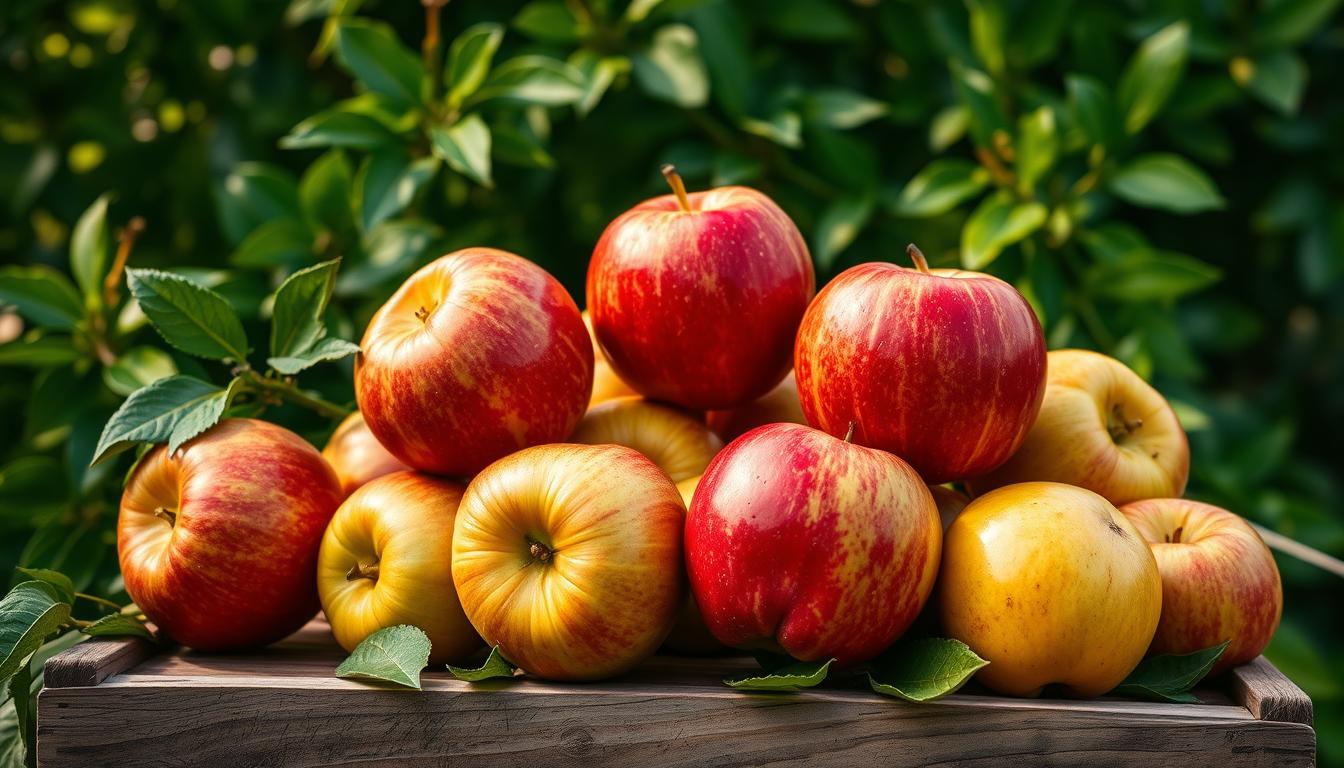 A vibrant still life featuring a bountiful assortment of freshly picked &quot;jabłek&quot; (Polish for apples) against a backdrop of lush, verdant foliage. The apples, in shades of red, green, and golden yellow, are arranged with artful precision, their glossy skins reflecting the warm, diffused lighting that bathes the scene. The composition emphasizes the apples' prominent placement, allowing their natural beauty and inherent symbolism to take center stage. Hints of a traditional Polish countryside setting, such as a weathered wooden crate or a woven basket, add a touch of rustic charm, evoking the rich history and cultural significance of this iconic fruit in Poland.