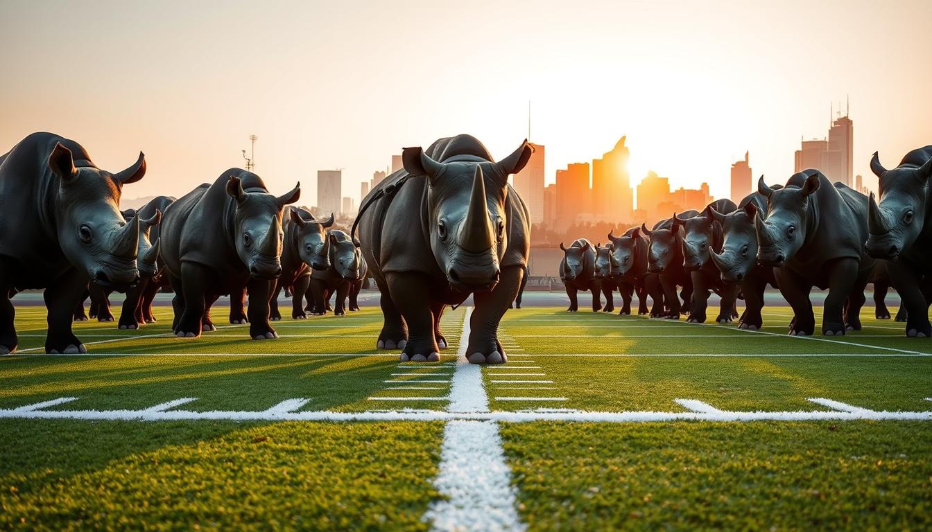 A team of powerful rhinoceroses, their thick hides gleaming under the warm evening sun, stands proudly on a well-manicured American football field. In the foreground, the rhinos' massive, muscular frames dominate the scene, their horns raised high as they prepare to charge. In the middle ground, the field stretches out, its crisp white lines and vibrant green turf creating a sense of energy and anticipation. In the distance, the silhouettes of a modern city skyline provide a striking contrast, hinting at the unexpected setting of this remarkable encounter. The lighting is soft and golden, casting a warm glow over the entire composition and evoking a sense of tranquility and wonder.