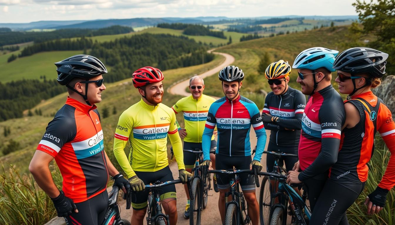 A group of expert cyclists from the Catena Wyszków Cycling Club, dressed in vibrant cycling gear, gathered on a scenic mountain biking trail surrounded by lush greenery and rolling hills. Warm, natural lighting illuminates their faces as they share tips and techniques for beginner riders, their expressions reflecting their passion and enthusiasm for the sport. The trail winds through the picturesque landscape, inviting the viewer to imagine themselves embarking on an exhilarating MTB adventure guided by these knowledgeable mentors.