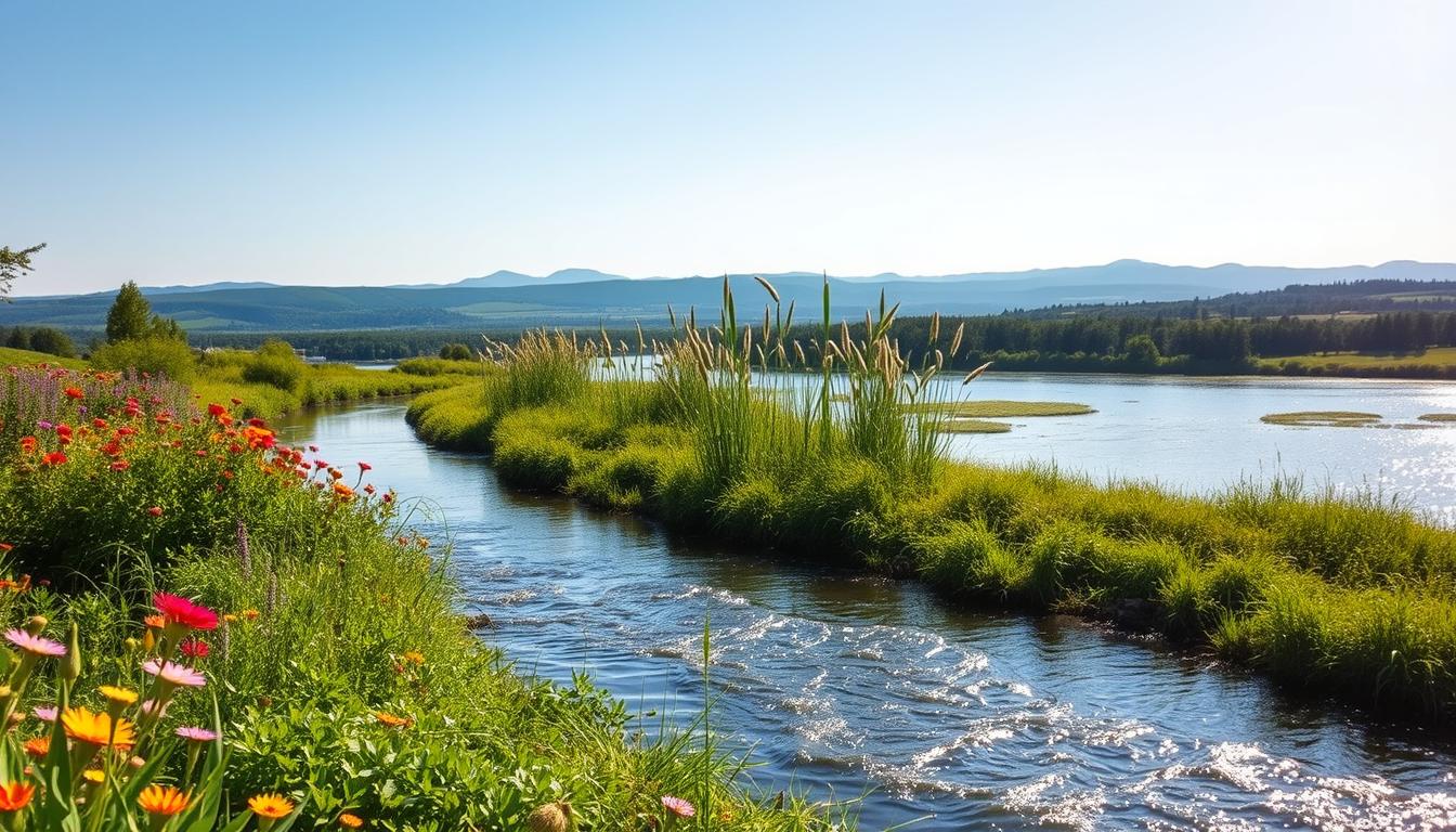 A serene riverside landscape on a sunny day, the banks lined with lush greenery and vibrant wildflowers. In the foreground, a peaceful river flows gracefully, its waters sparkling in the warm sunlight. On the middle ground, tall reeds and cattails sway gently in the breeze, creating a picturesque scene. In the background, a panoramic view of rolling hills and distant forests, hinting at the vast expanse of the river's journey. The composition is balanced and harmonious, capturing the natural beauty and significance of the world's waterways on this special occasion.