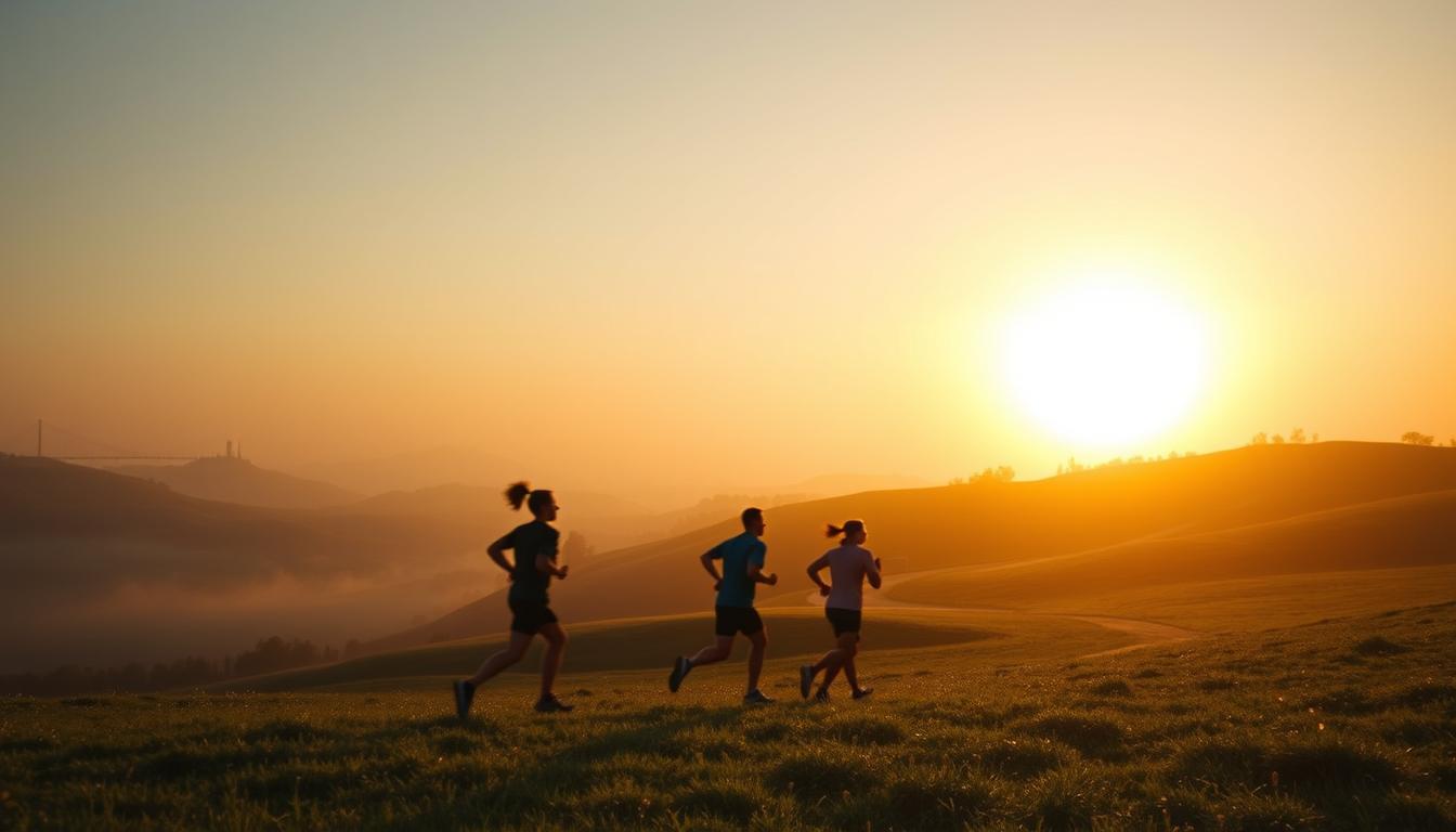 A serene, dreamlike landscape of rolling hills and lush meadows, bathed in the warm glow of a golden hour sunset. In the foreground, a group of runners silhouetted against the sky, their movements captured in a blur of motion, symbolizing the passage of time and the enduring spirit of those who came before. The middle ground features a winding path, leading the eye towards a distant monument or memorial, a solemn reminder of the sacrifices made. The background is a hazy, atmospheric horizon, suggesting the vast and timeless nature of memory. The scene evokes a sense of reverence, contemplation, and the eternal bond between sport, history, and the human experience.