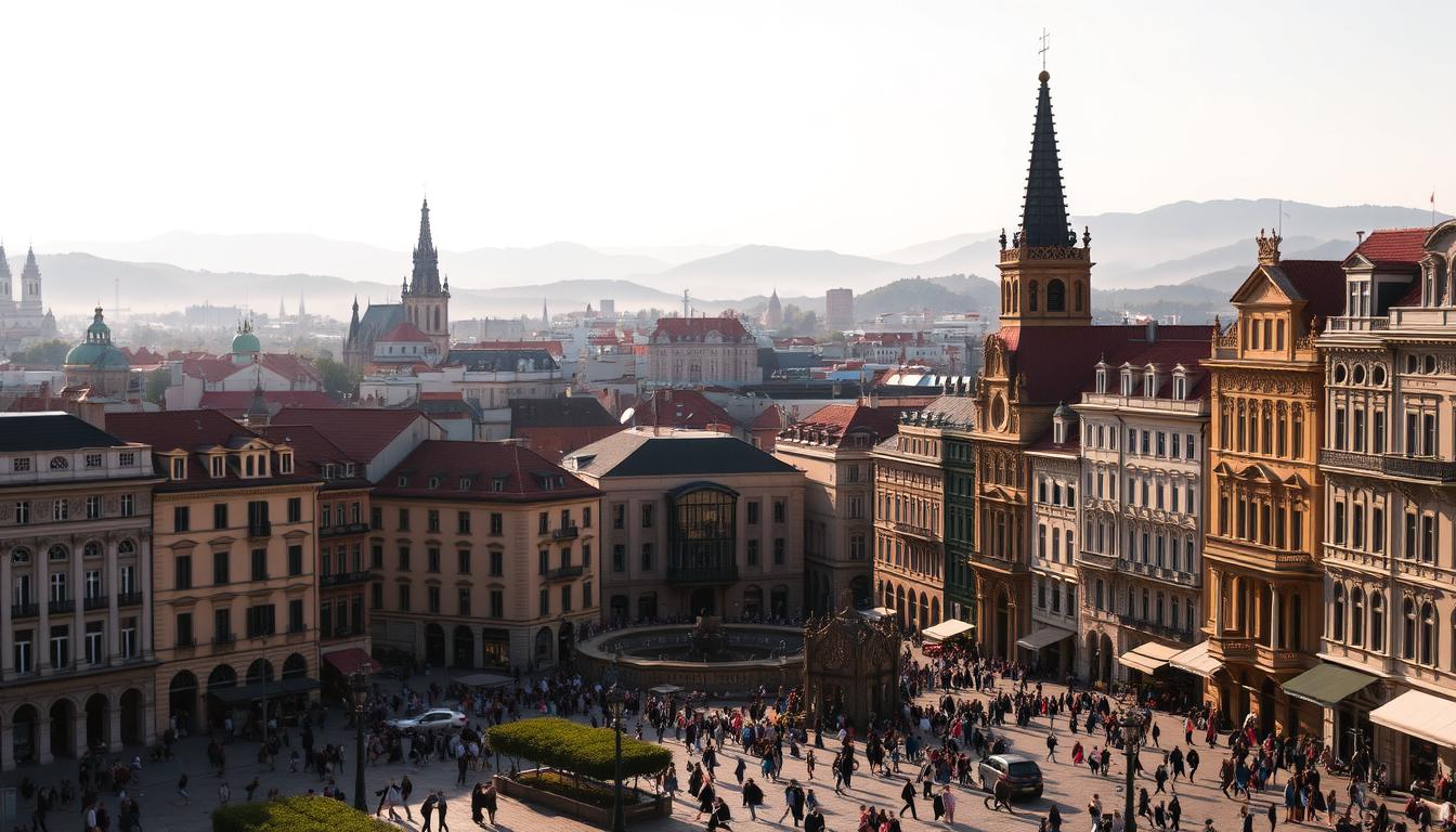 A bustling city skyline bathed in warm, golden sunlight. Elegant, historic buildings line the streets, their facades adorned with intricate architectural details. In the foreground, a lively town square is filled with people strolling, chatting, and enjoying the vibrant atmosphere. The scene is framed by towering church spires and the silhouettes of distant hills, creating a picturesque, postcard-worthy view. The overall mood is one of civic pride, community, and a celebration of the city's natural and architectural beauty.