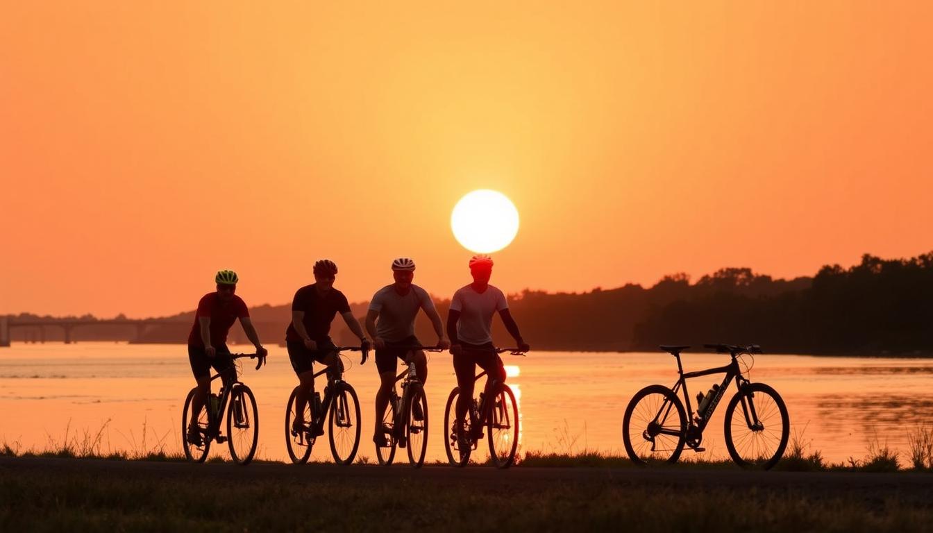 Rowerzyści na trasie rowerowej nad Bugiem o zachodzie słońca