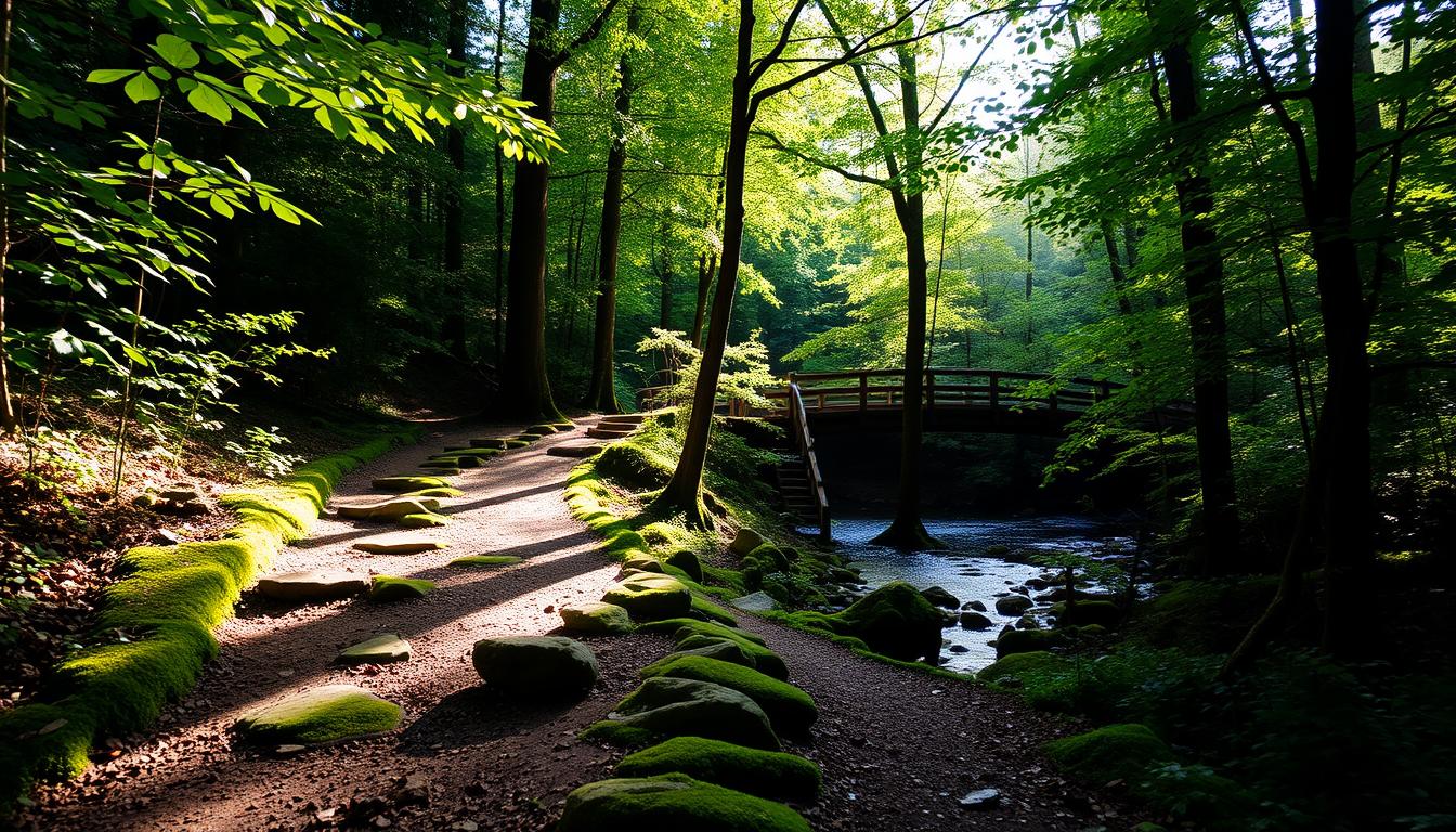 A serene forest path winds through lush foliage, dappled sunlight filtering through the canopy. Mossy stones line the trail, inviting hikers to explore. In the distance, a wooden bridge crosses a babbling brook, its reflection mirroring the surrounding greenery. The atmosphere is one of tranquility, with the gentle rustling of leaves and the occasional birdsong adding to the peaceful ambiance. A sense of adventure and discovery permeates the scene, beckoning the viewer to embark on a leisurely bicycle journey through this picturesque landscape.