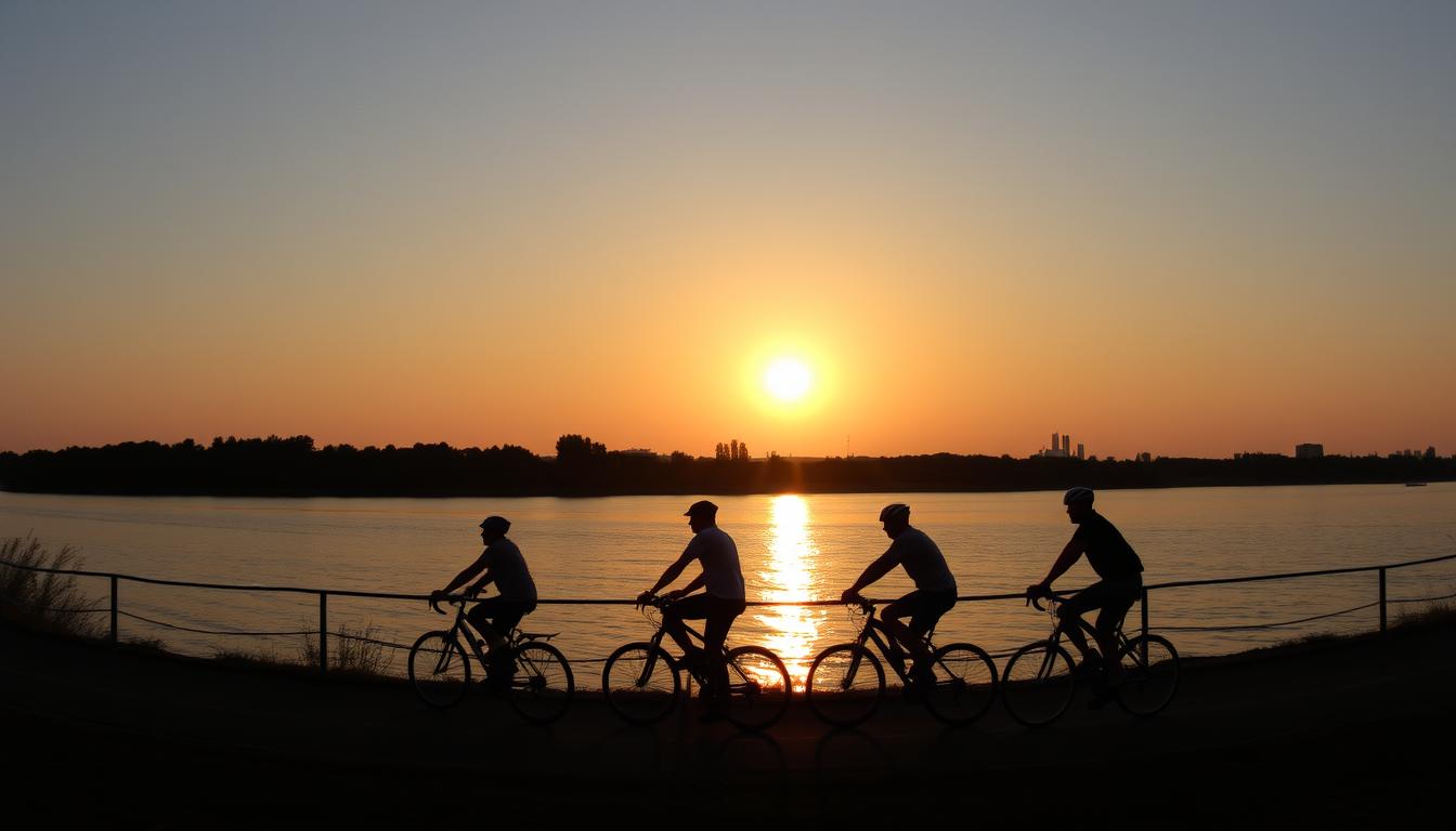 Panorama Wiślanej Trasy Rowerowej z rowerzystami podziwiającymi zachód słońca nad Wisłą