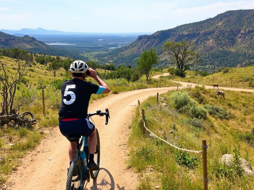 Rowerzysta na trasie przez park narodowy z widokiem na dziką przyrodę