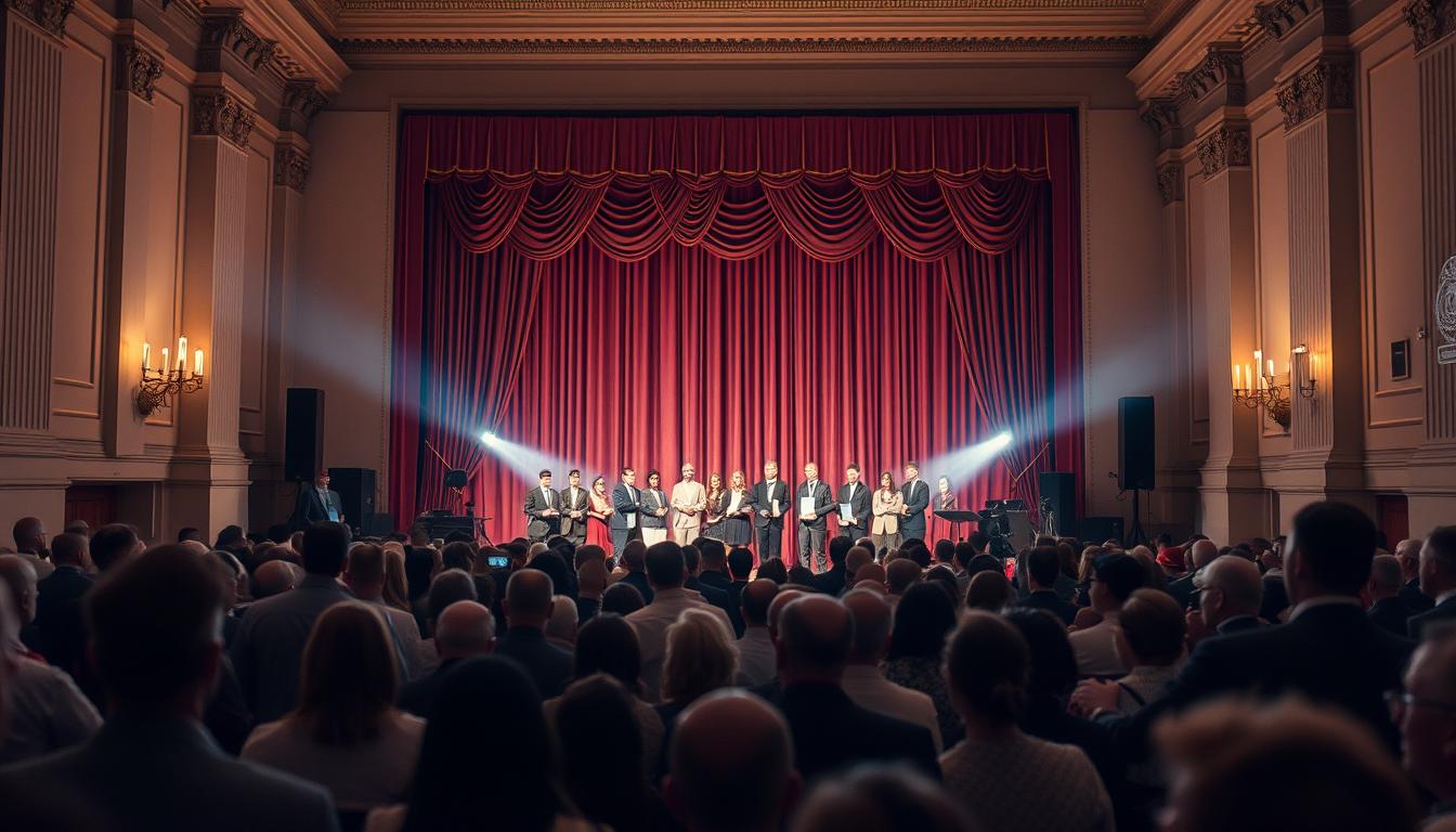 A bustling event unfolding in the heart of a cultural institution, capturing the essence of the Mazovian Museum Event - Willow. The scene depicts a grand stage adorned with elegant draperies, where award recipients stand in the spotlight, their faces alight with pride and accomplishment. The audience, a sea of attentive spectators, leans forward in anticipation, their expressions a blend of excitement and reverence. Soft, warm lighting casts a glow upon the proceedings, creating an atmosphere of celebration and recognition. In the background, the museum's grand architecture frames the event, serving as a dignified backdrop to this momentous occasion.
