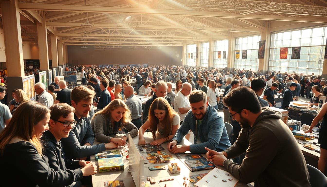 A bustling tabletop gaming convention on a sunny autumn day. In the foreground, a diverse group of friends gathered around a long table, eagerly unboxing a new strategy game, their faces alight with anticipation. In the middle ground, crowds of people browsing vendor stalls, examining shiny game pieces and rulebooks, their laughter and chatter filling the air. In the background, a panoramic view of a cozy event hall, its high ceilings and warm lighting creating a convivial atmosphere. Soft, diffused sunlight streams through large windows, casting a golden glow over the scene. The overall mood is one of joyful camaraderie, celebrating the beloved pastime of board gaming.