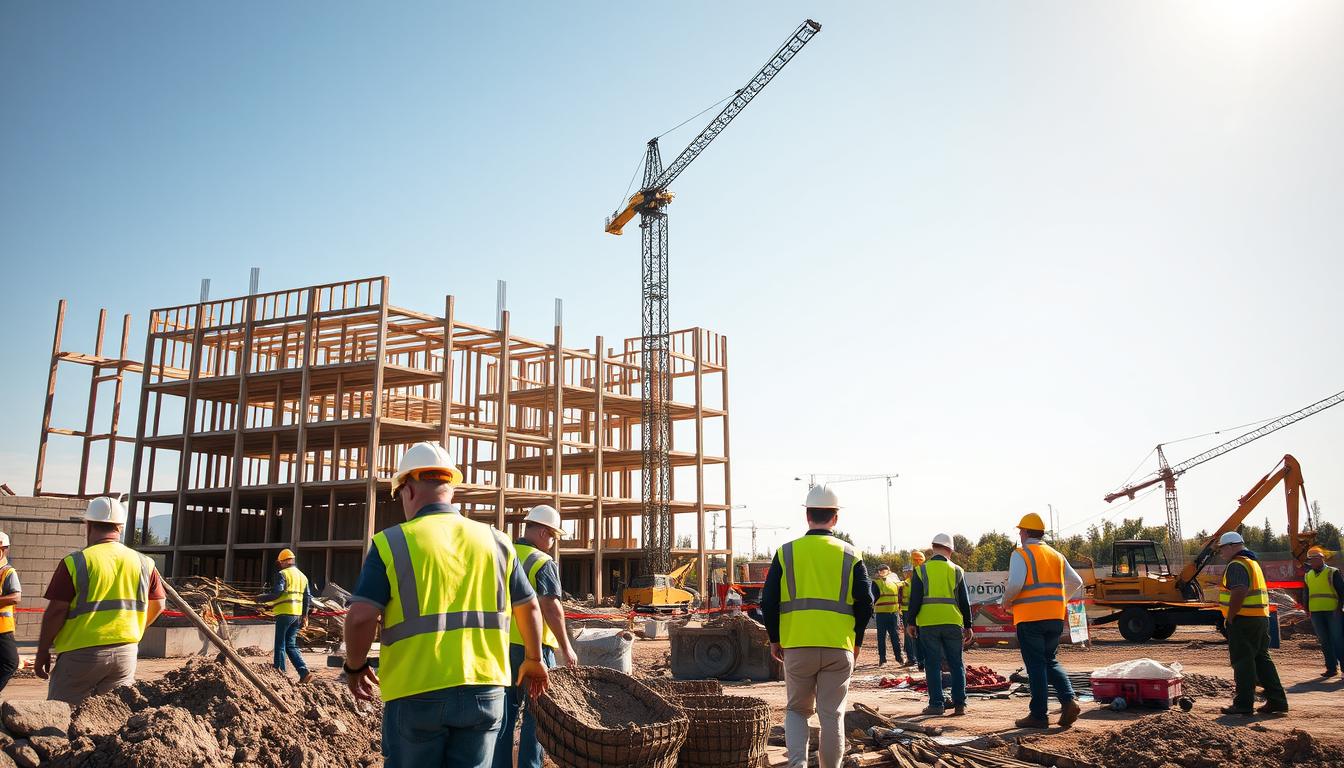 A construction site on a sunny day in Poland, with workers in bright safety vests and hard hats busily engaged in various tasks. In the foreground, a group of builders mix cement, while in the middle ground, others operate heavy machinery like cranes and excavators. In the background, a partially constructed building rises, its skeletal frame silhouetted against a clear blue sky. The scene is bathed in warm, natural lighting, capturing the energy and industry of the Dzień Budowlańca, or Builder's Day, a celebration of the vital contributions of construction workers to the country's infrastructure and development.