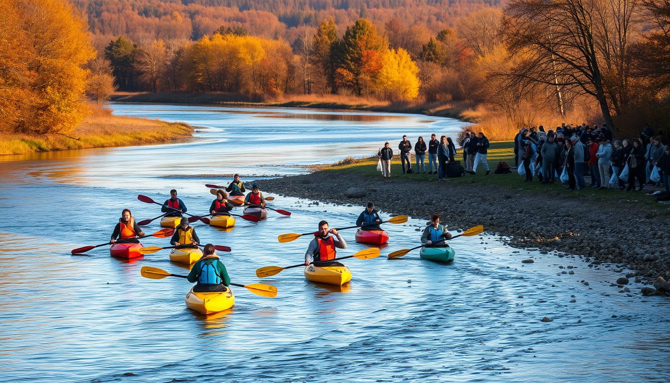 A serene autumn scene along a meandering river, its banks lined with vibrant foliage. In the foreground, a group of volunteers in brightly colored kayaks and canoes work diligently to collect litter and debris from the water's surface, their oars gently dipping into the calm current. The middle ground reveals the riverbanks, where people of all ages gather to participate in the nationwide river cleanup initiative, carrying bags and tools to aid in the effort. In the distance, the silhouettes of trees and hills create a picturesque backdrop, bathed in the warm, golden light of the setting sun. The overall atmosphere is one of community, environmental stewardship, and a shared dedication to preserving the natural beauty of Poland's waterways.