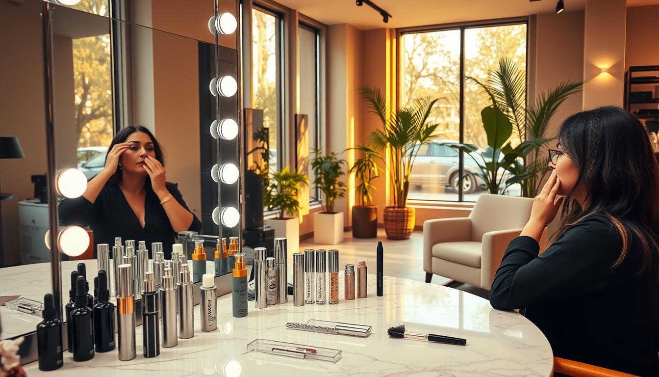 A modern salon interior, warmly lit with soft golden light filtering through large windows. In the foreground, a stylish lash artist carefully applies lash extensions to a client's eyes, their faces reflected in a sleek vanity mirror. The middle ground showcases an array of lash tools, serums, and mascara bottles, artfully arranged on a marble countertop. In the background, plush armchairs and potted plants create a serene, spa-like ambiance, inviting visitors to relax and indulge in the art of lash styling. The overall mood is one of quiet elegance and pampering, capturing the essence of a Lash Stylists' Day celebration.