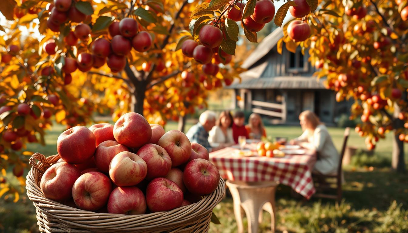A vibrant autumn scene in a Polish orchard, with a bountiful harvest of ripe, crisp red apples. In the foreground, a basket overflows with freshly picked fruit, casting warm, golden hues on the surrounding trees. The middle ground features a family gathered around a table, enjoying a traditional apple-based feast, their faces aglow with delight. In the background, a historic wooden cottage with a thatched roof stands as a testament to the enduring heritage of this annual celebration, &quot;Dzień Jabłka.&quot; The scene is bathed in soft, natural lighting, evoking a sense of timeless tradition and the rich cultural traditions of Poland.