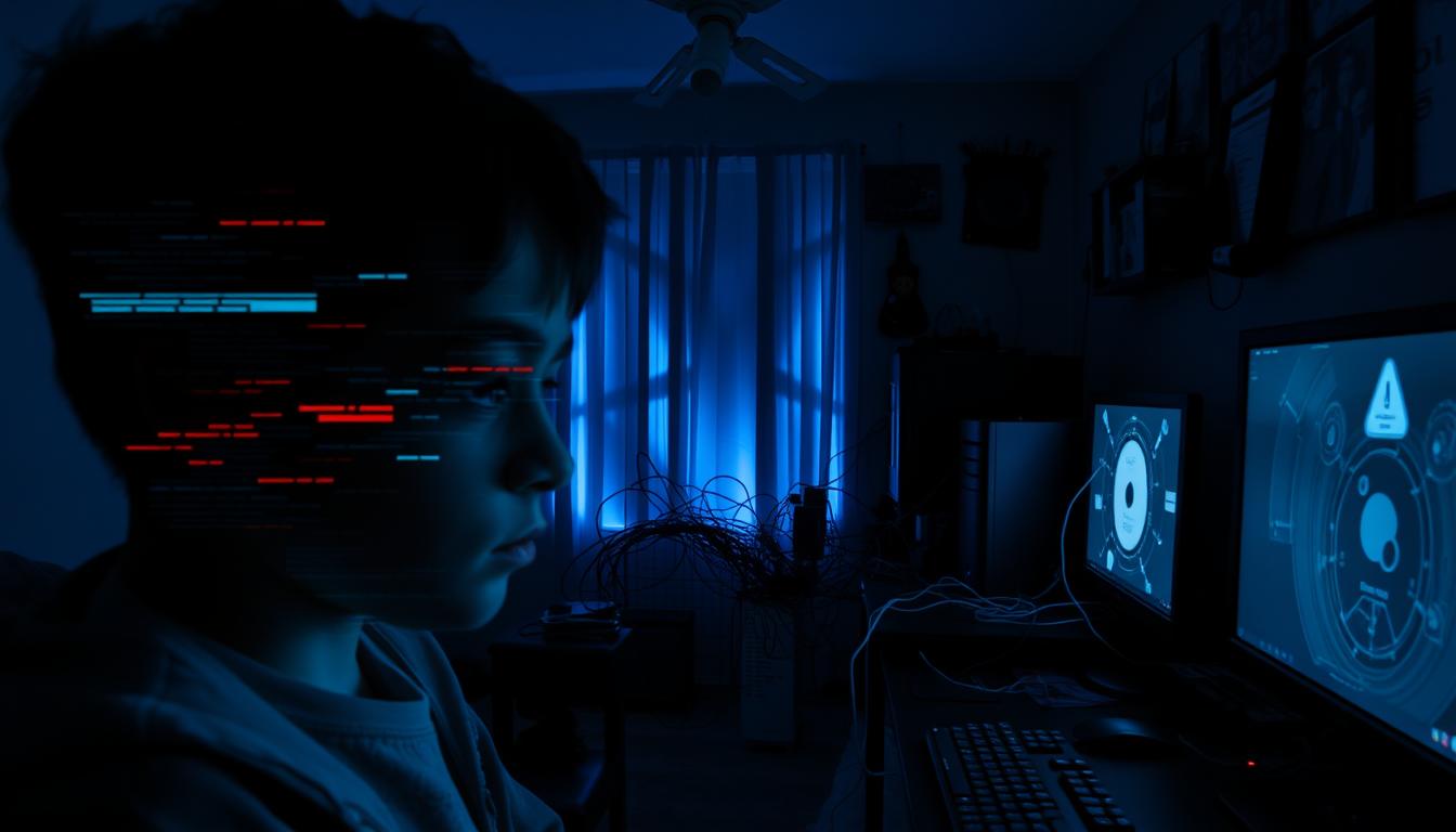 A dimly lit, computer-filled home office with a tangible sense of unease and vulnerability. In the foreground, a young person's face is partially obscured by digital glitches and distortion, symbolizing the hidden dangers lurking within the online realm. The middle ground features a web of tangled cords and devices, representing the complex, interconnected nature of modern technology. In the background, ominous shadows and abstract shapes loom, evoking the unseen threats that permeate the digital landscape. The scene is illuminated by the cold, blue glow of screens, casting an eerie, unsettling atmosphere. This image aims to capture the essence of the contemporary online threats facing children and youth, serving as a visual embodiment of the article's subject and section title.