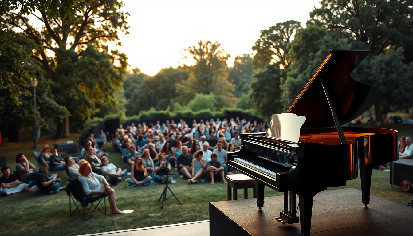 A serene outdoor concert setting on a warm summer evening. In the foreground, a grand piano stands gracefully on a raised stage, its glossy black surface reflecting the warm glow of stage lighting. In the middle ground, a crowd of music enthusiasts sit on blankets and folding chairs, their faces alight with joy as they listen intently to the performance. The background features lush greenery and towering trees, creating a natural amphitheater that enhances the intimate and atmospheric ambiance. Soft, diffused lighting bathes the scene, casting a dreamy, magical quality over the entire composition. The overall mood is one of tranquility, appreciation for the arts, and the celebration of a cherished cultural tradition.