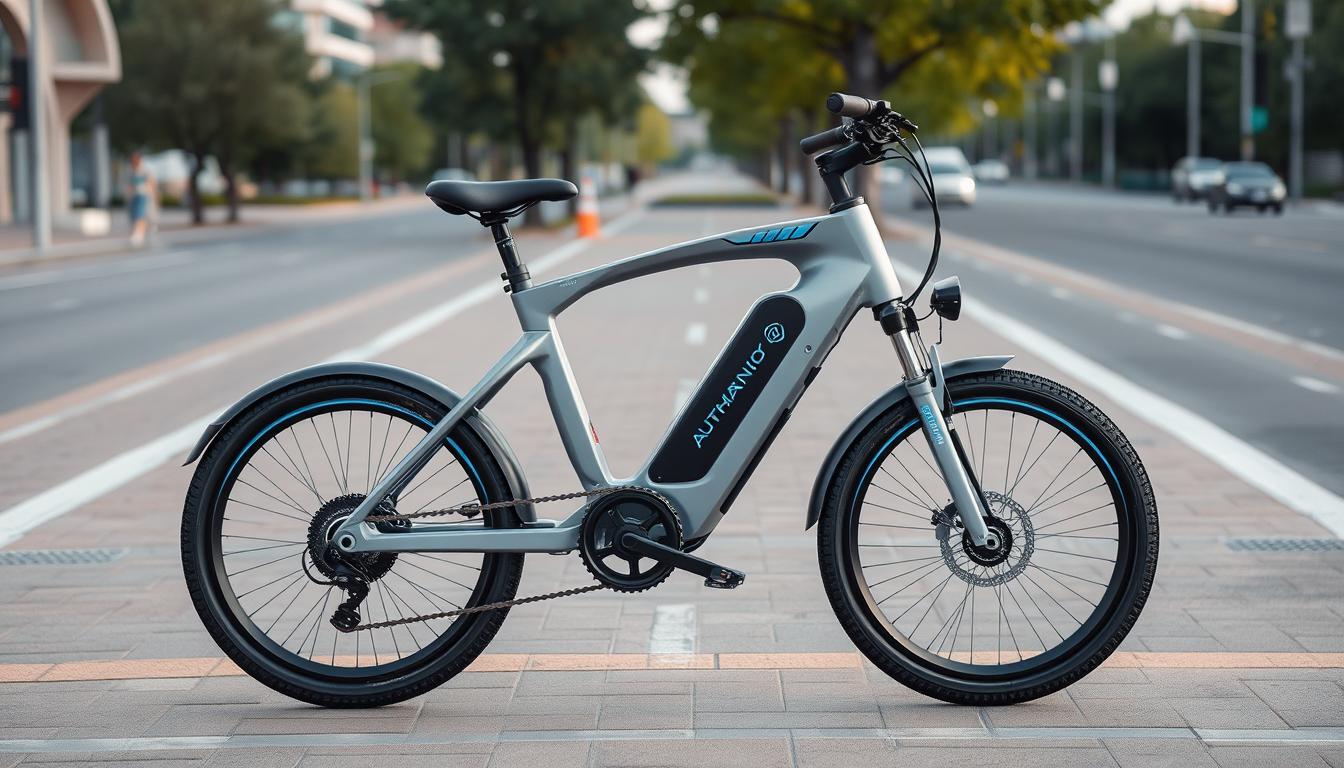Nowoczesny rower hybrydowy z zaawansowanymi technologiami na tle miejskiego krajobrazu