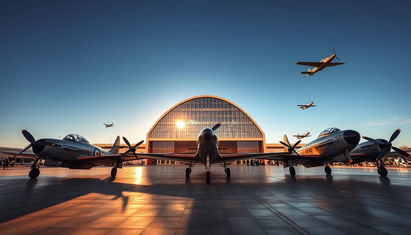 A majestic aviation museum set against a crisp, azure sky. In the foreground, the iconic silhouettes of vintage fighter planes stand in proud display, their sleek wings casting dramatic shadows on the polished concrete floors. The middle ground showcases a towering hangar, its vast glass facades reflecting the sun's golden rays, inviting visitors to explore the rich history within. In the background, the graceful curves of historic propeller-driven aircraft soar, evoking a bygone era of aviation pioneering. The scene exudes a sense of wonder and reverence, perfectly capturing the spirit of Poland's Dzień Lotnictwa celebration.