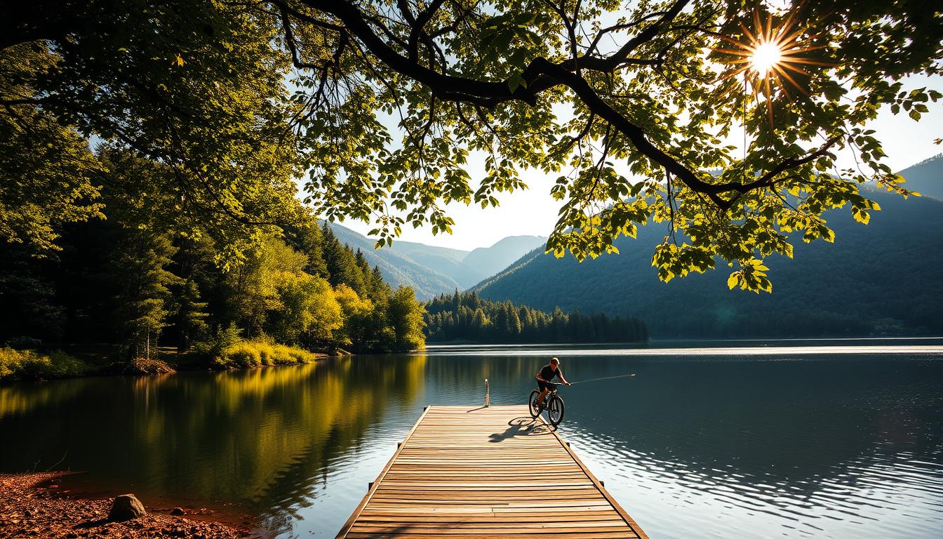 A peaceful, scenic rest stop along a picturesque bike trail by a serene body of water. The foreground features a wooden dock or pier stretching out into the still, reflective lake or river, inviting anglers to cast their lines. The middle ground showcases a lush, verdant forest canopy framing the tranquil scene. In the background, gently rolling hills or mountains rise up, their slopes covered in dense greenery. Warm, golden sunlight filters through the trees, casting a soft, ethereal glow over the entire landscape. The overall mood is one of serenity, relaxation, and a deep connection with nature, perfectly suited for a cycling and fishing enthusiast.