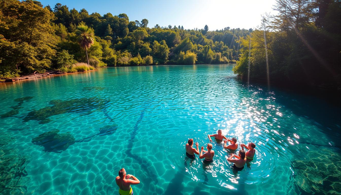 A vibrant, crystal-clear lake surrounded by lush, verdant foliage. The sun's rays dance on the water's surface, creating a mesmerizing play of light and reflections. In the foreground, a serene group of friends or family gather, engaged in activities that celebrate the beauty and importance of clean, healthy water. The scene exudes a sense of tranquility, wonder, and the intrinsic value of water as a precious natural resource. A wide-angle lens captures the full expanse of this idyllic, sustainable water-based ecosystem, inviting the viewer to immerse themselves in the wonder of #TeamWater.