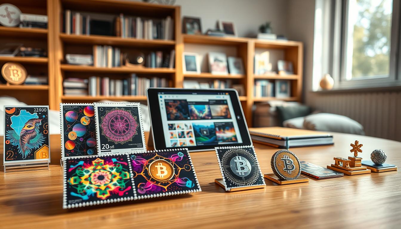 A collection of colorful and futuristic crypto stamps, "kryptoznaczki," displayed elegantly on a sleek, modern wooden table. In the foreground, the stamps showcase vibrant digital designs featuring abstract art, holographic effects, and blockchain motifs. The middle section features a high-tech tablet displaying an online marketplace for stamp collectors, with subtle glowing elements around the screen. In the background, soft-focused shelves filled with traditional stamp albums contrast with the modernity of the crypto stamps. The lighting is warm and inviting, with natural sunlight streaming through a nearby window, creating a welcoming atmosphere. The angle is slightly tilted, providing depth and perspective that enhances the dynamic feel of emerging trends in philately.
