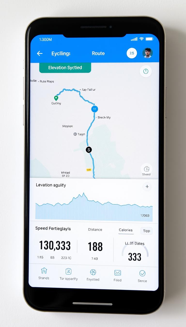 Ekran smartfona z aplikacją do śledzenia treningów rowerowych pokazujący mapę trasy i statystyki