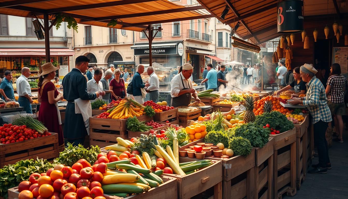 A bustling outdoor market filled with an abundance of vibrant, locally-sourced ingredients. In the foreground, wooden crates overflowing with fresh produce, their colors a symphony of greens, reds, and oranges. Vendors in traditional attire engage with customers, exchanging recipes and culinary traditions. The middle ground showcases sizzling food stalls, the aroma of sizzling meats and simmering sauces wafting through the air. In the background, historic buildings and cobblestone streets set the scene, creating an immersive, atmospheric tableau that celebrates the rich culinary heritage of the region. Warm, natural lighting bathes the entire scene, evoking a sense of warmth, community, and the joy of discovering new flavors.