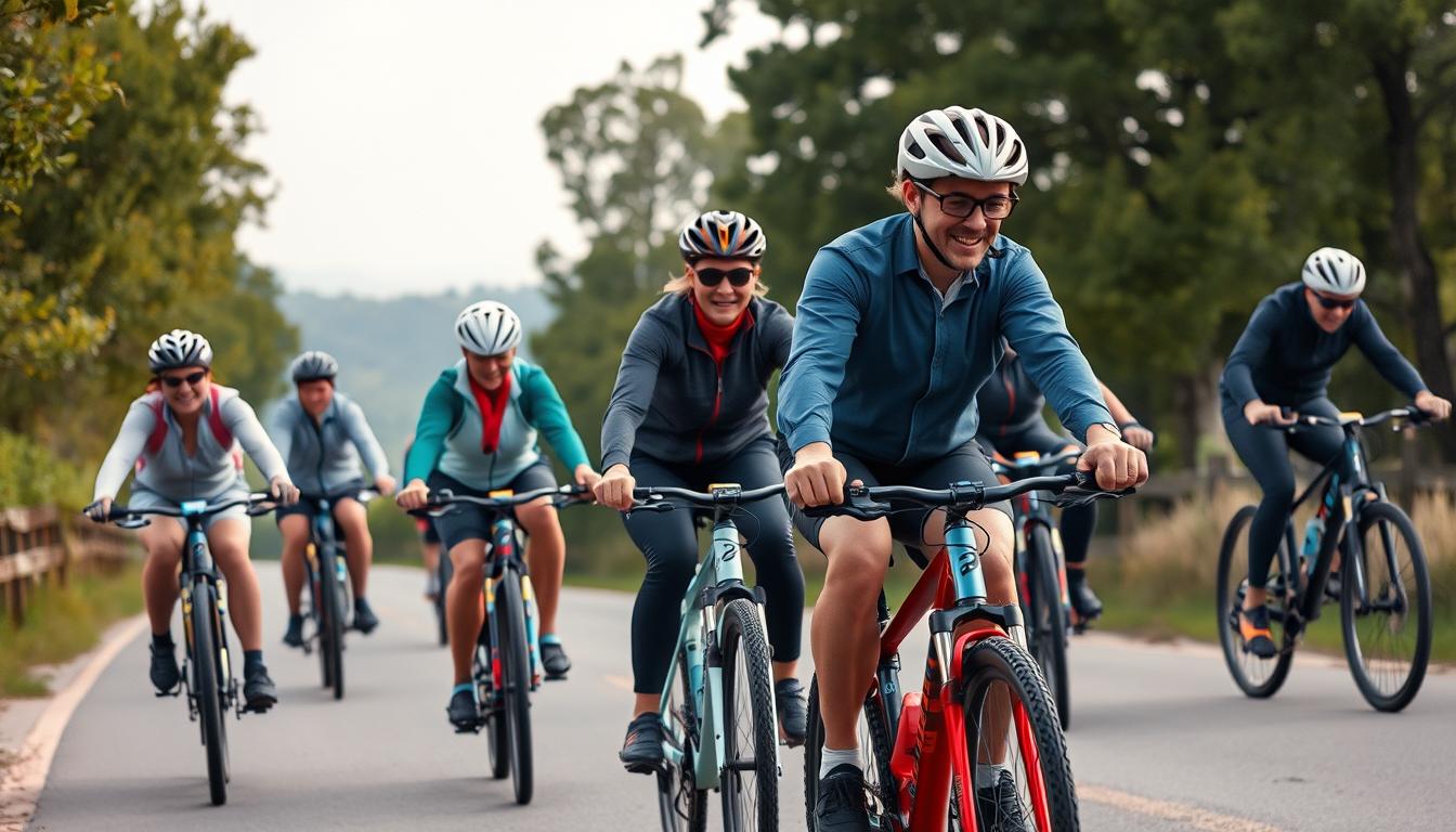 Grupa rowerzystów korzystających z rowerów wyposażonych w sztuczną inteligencję