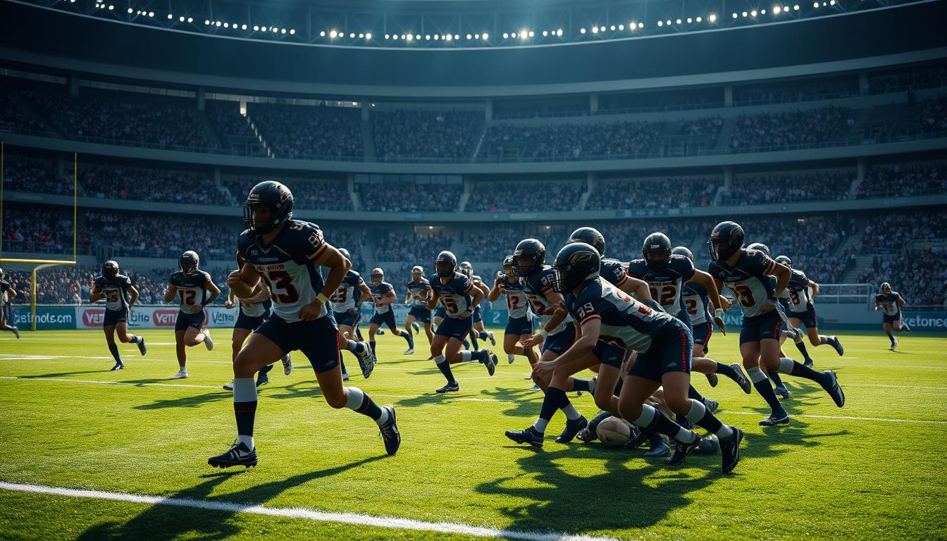 A dramatic stadium scene showcasing the Rhinos Wyszków junior football team dominating the field. In the foreground, players in their distinctive uniforms aggressively tackle and outmaneuver their opponents, their expressions intense with focus and determination. The middle ground captures the energy of the game, with players sprinting, passing the ball, and making decisive plays. In the background, the stadium's grand stands are filled with enthusiastic fans cheering on their team, creating an atmosphere of electric excitement. Dramatic lighting casts dynamic shadows, emphasizing the power and intensity of the match. The overall composition conveys the Rhinos' absolute control and the overwhelming 60:0 victory.